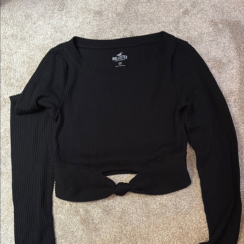 Hollister Black Long Sleeve Crop Blouse with Tie Front